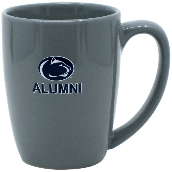 gray ceramic mug with Penn State Athletic Logo above Alumni